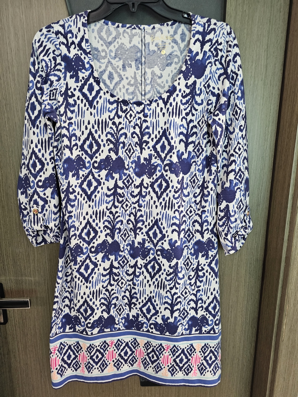 Lilly Pulitzer Blue White Geometric Elephant Print Cotton Dress Size S